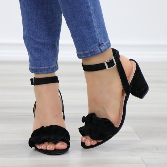 Suede Black Chunky Heel Open Ruffle Toe Sandal - Picture 7 of 10